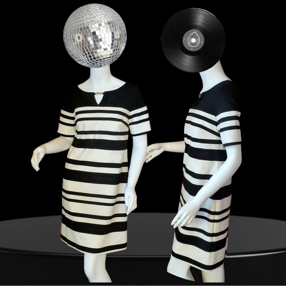 WHITE HOUSE BLACK MARKET ecru & black stripe shift dress size 4 Easter Sunday - Picture 3 of 13